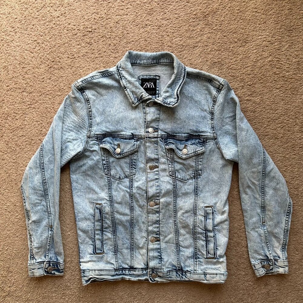 Zara Denim Jacket Womens Small Light Blue Button Up Jean Pockets Spread Collar